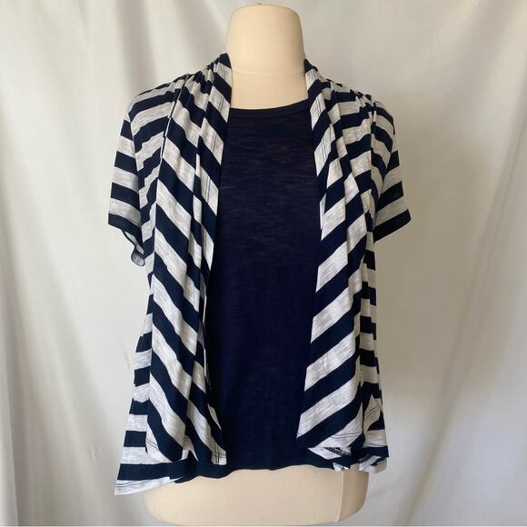 Kim Rogers Waterfall Cardigan Short Sleeve Shirt Striped White Blue Plus Sz 1X - Picture 1 of 8